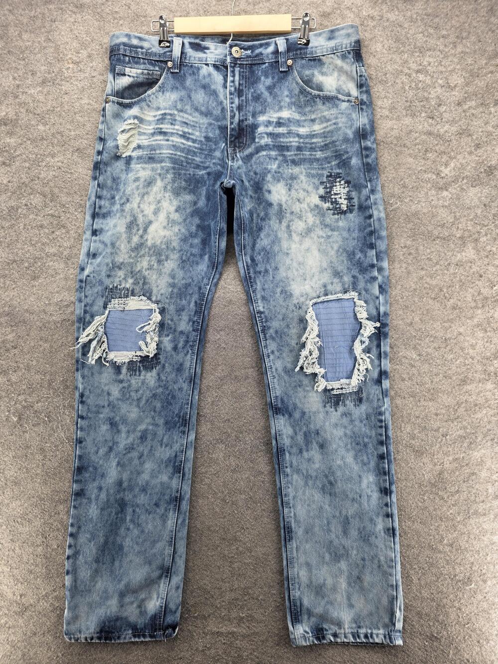 Parish Nation Jeans Mens 38x34 Blue Tapered Slim Acid Wash Distressed Pockets